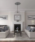 Living room with Versailles Ceiling Medallion 33 Inch Diameter, 1.75 Inch Projection, hand painted platinum finish above chandelier.
