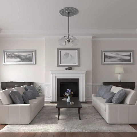 Living room with Versailles Ceiling Medallion 33 Inch Diameter, 1.75 Inch Projection, hand painted platinum finish above chandelier.