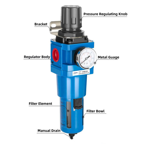 Smart 1 Inch NPT Compressed Air Filter Regulator Combo With 5 Micron Brass Element Poly Bowl Manual Drain Metal Bracket And 0 To 150 Psi