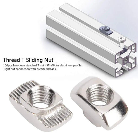 Diagram of European Standard T Nut 45T M8 Threaded Sliding Nut for aluminum profiles with close-up views.
