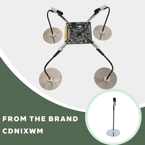 Six Arm Magnetic Helping Hands With Base And Alligator Clips For Soldering Electronics Repair PCB Work, top view on a circular stand.