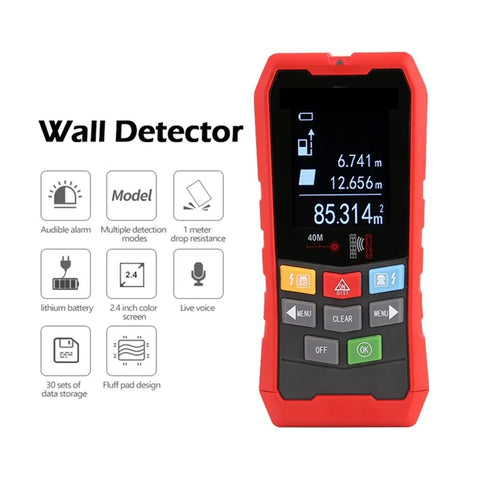 Hit The Mark With This Solid Performing Wall Scanner And Stud Finder Featuring Adjustable Sensitivity For Pinpoint Detection Of Metal Pipes Electrical Lines And Hidden Blockages To Make Home Projects Total No Sweat Effort, red handheld wall detector with display.