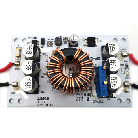 Heavy Duty Constant Current Boost Converter Dc To Dc Step Up Power Module with copper inductor and capacitors on circuit board.