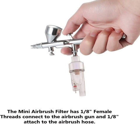 Hand holding airbrush with Inline Airbrush Filter With Five Micron Water Moisture Trap And Oil Separator With One Eighth Inch Threads