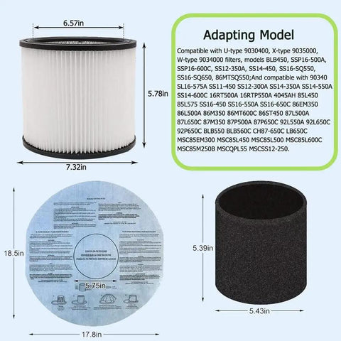 Image of Must Have All In One Replacement Vacuum Filters Kit For 5 Gallon Wet Dry Vacuums with dimensions and compatibility chart.