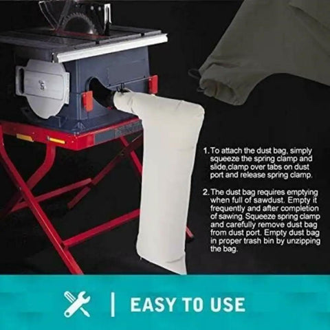 Heavy Duty Dust Collector Bag For 10 Inch Table Saws With Two And A Half Inch Dust Port attached to saw