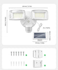 Onforu 36W Solar LED Security Lights, PIR Motion Sensor Outdoor for Yard with dimensions and included accessories.