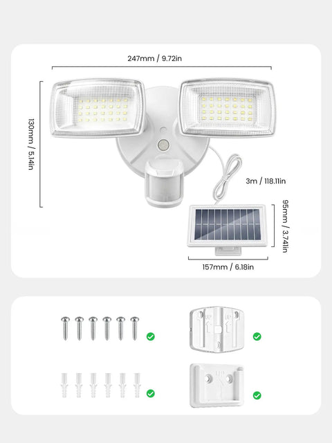 Onforu 36W Solar LED Security Lights, PIR Motion Sensor Outdoor for Yard with dimensions and included accessories.