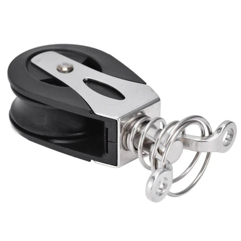 Close-up of Rugged Nylon Sheave Block Head for Sailboats and Fitness Gear, 316 Stainless Marine Grade, 1500 lb Working Load