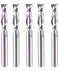 Front view of five SpeTool up-cut spiral router bits, 1/4 in shank and cutting diameter, solid carbide