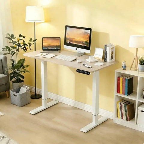 Electric Standing Desk With Programmable Memory Presets Height Adjustable Sit Stand Table With Rock Solid Steel Frame arranged in a bright home office.