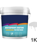 Polyurethane waterproof coating in 1kg container, blue and white design with drip sample shown.