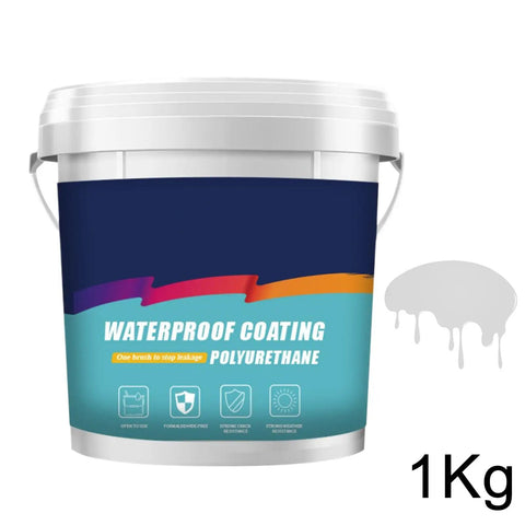 Polyurethane waterproof coating in 1kg container, blue and white design with drip sample shown.