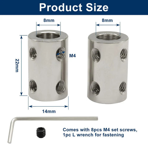 Rigid Shaft Coupler 8mm To 8mm Bore With Steel Connector And M4 Set Screws For 3D Printers Stepper Motors CNC Machines, product size details.