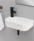 Rectangular Wall Mount Vessel Sink In White Porcelain Ceramic With Faucet And Drain, Modern Wall Mounted Bathroom Basin For A Dope Sleek Look And Easy Clean, ribbed design