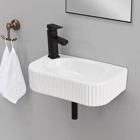 Rectangular Wall Mount Vessel Sink In White Porcelain Ceramic With Faucet And Drain, Modern Wall Mounted Bathroom Basin For A Dope Sleek Look And Easy Clean, ribbed design