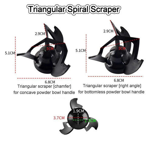 Triangular Spiral Scraper for espresso powder bowls, showcasing multiple angles and dimensions for efficient handling.
