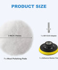 Product components of the Five Piece 3 Inch Wool Buffing Pad Set for Drill With Hook and Loop Backing M10 Adapter.