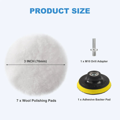 Product components of the Five Piece 3 Inch Wool Buffing Pad Set for Drill With Hook and Loop Backing M10 Adapter.