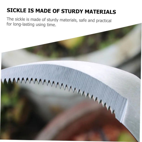 Close-up of Stainless Steel Weeding Sickle Set serrated blade, durable pro grade all purpose backyard garden tool.