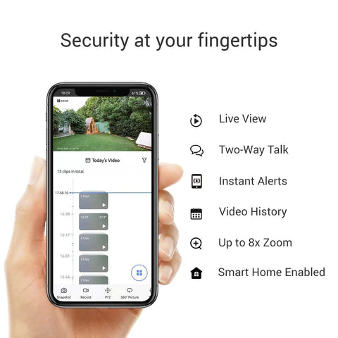 Hand holding smartphone with app interface of Outdoor Security Camera 4MP WiFi Pan Tilt All-Around Coverage IP65 Waterproof