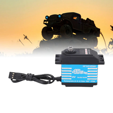 Heavy Duty RC Digital Servo Motor Featuring IP68 Waterproof Sealing And Solid Aluminum Gears Built Tough For 1 10 Scale RC Cars And Crawlers, shown with cable.