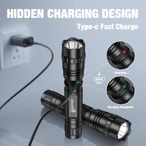 1000 Lumen Tactical Flashlight with Duty Belt Holster, rechargeable with Type-C cable, police-grade, black color