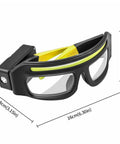 Badass Rechargeable LED Safety Glasses With Dual LED Spot And Flood Lights Five Bright Lighting Modes For Camping Hiking And Night Shift Work Gear. Close-up view with measurements.