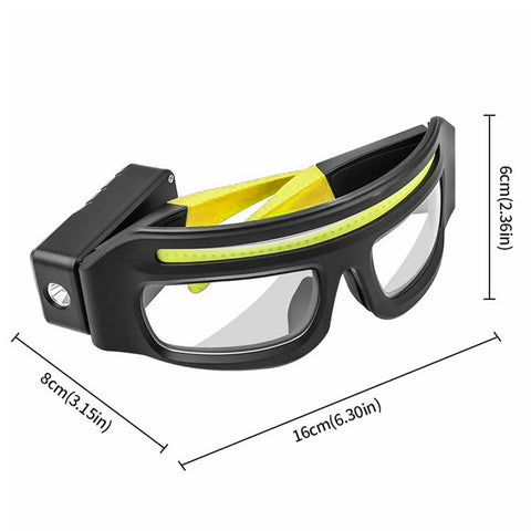 Badass Rechargeable LED Safety Glasses With Dual LED Spot And Flood Lights Five Bright Lighting Modes For Camping Hiking And Night Shift Work Gear. Close-up view with measurements.