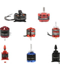 Assorted outrunner brushless motors for RC planes and FPV drones, featuring 3542 1400KV with lightweight aluminum housing and various sizes.