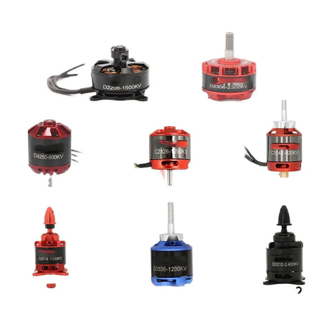 Assorted outrunner brushless motors for RC planes and FPV drones, featuring 3542 1400KV with lightweight aluminum housing and various sizes.