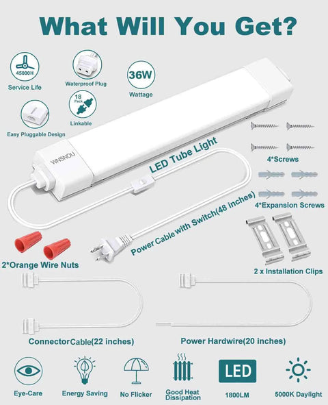 Components of Plug In LED Tube Light Fixture With Linkable Design, 1.4Ft 1800LM 5000K Utility Shop Light, including cables and screws.