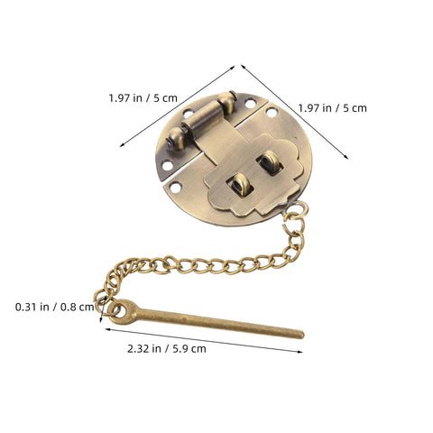 Retro Iron Alloy Hasp Latch Tower Buckle Chain Lock For Vintage Jewelry Chest, gold finish, circular design, 5 cm size.