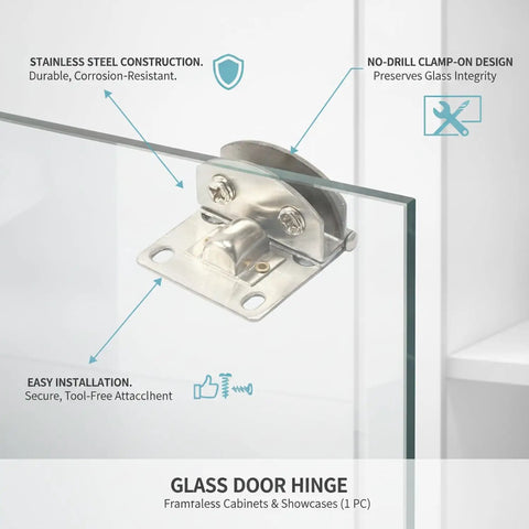 No-Drill Glass Door Hinge Set Stainless Steel Clamp-On Hardware for frameless cabinets, showcases, easy install view.