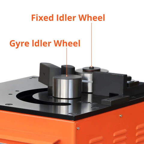 Close-up of Fixed and Gyre Idler Whee on 1600W Electric Rebar Bender And Cutter Machine With Pure Copper Motor.