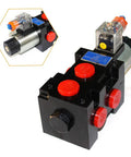 Front view of hydraulic solenoid selector/diverter valve with black body, red caps, and transparent solenoid housing