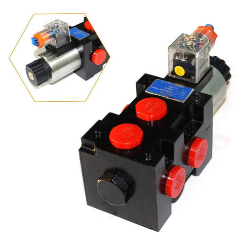Front view of hydraulic solenoid selector/diverter valve with black body, red caps, and transparent solenoid housing