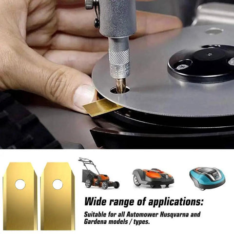 Close-up of Titanium Coated Replacement Robotic Mower Blades for Husqvarna Automower being installed, pack of 30 shown.