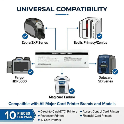 Universal compatibility chart for Heavy Duty Ten Pack T Shaped Pre Saturated Cleaning Cards For Magicard And Matica ID Printers.
