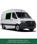 Olive Gray Four Season Sliding Door Window Cover For Mercedes Benz Sprinter Vans 2007 Through 2022 shown on side window