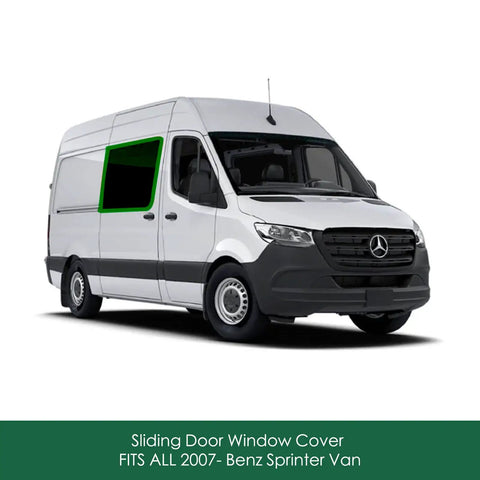 Olive Gray Four Season Sliding Door Window Cover For Mercedes Benz Sprinter Vans 2007 Through 2022 shown on side window