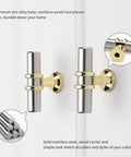 Close-up of 10 Pack Cabinet Knobs in Brushed Nickel and Gold Finishes, T Bar Pulls on a cabinet, showcasing design and installation.