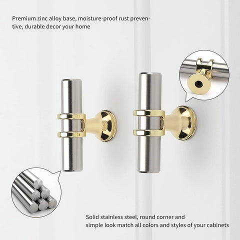 Close-up of 10 Pack Cabinet Knobs in Brushed Nickel and Gold Finishes, T Bar Pulls on a cabinet, showcasing design and installation.