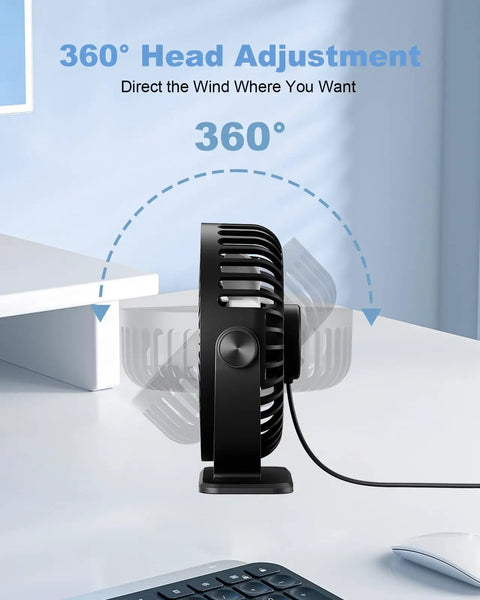 Side view of Tiny But Mighty USB Desk Fan With Three Speeds, 360 Degree Rotation, Quiet Personal Cooling on a desk.