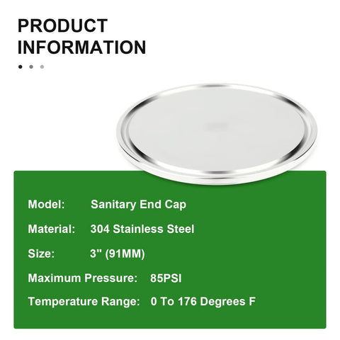 Front view of 3-inch 304 stainless steel sanitary end cap for tri-clamp fittings; 85 PSI, 0–176°F.