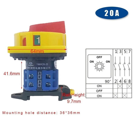 DIN Rail Mounting Two Stage CA10 Circuit Breaker Isolator Padlock Rotary Cam Switch With 20A Rating 64x64mm Size Diagram