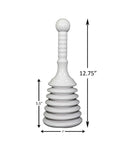 Heavy Duty Drain Plunger For Clogged Kitchen Sink And Bathroom Tub Featuring Compact Bellows Design, 12.75" tall, white, strong suction.