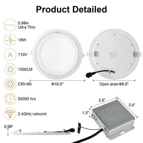 Detailed view of Ultra Thin 11 Inch LED Recessed Light Kit 14 Pack, Dimmable 24W 6000K Neutral White Downlights with specs.