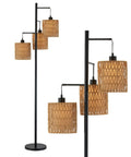 65 Inch Boho Rattan Floor Lamp With Three Lights, Farmhouse Tree Standing Lamp With Rattan Shades, Tall Vintage Style in black metal