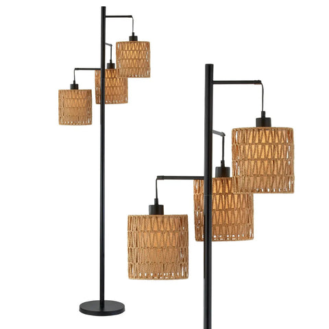 65 Inch Boho Rattan Floor Lamp With Three Lights, Farmhouse Tree Standing Lamp With Rattan Shades, Tall Vintage Style in black metal